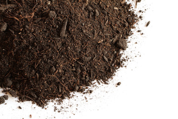 Peat soil isolated on white background