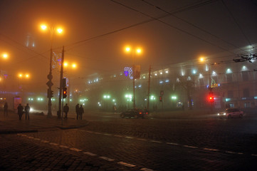 Chernivtsi at night in the fog, Ukraine