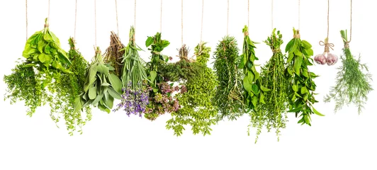 Photo sur Plexiglas Aromatique Herbes de cuisine suspendues isolées sur blanc. Ingrédients alimentaires