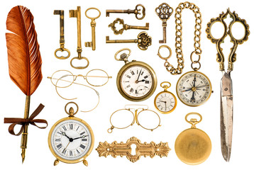 Golden vintage accessories. Antique keys, clock, glasses, scisso
