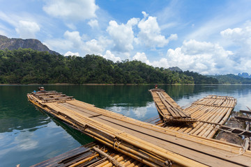 Bamboo rafting on river, ratchaprapha dam , Suratthani , Thailan