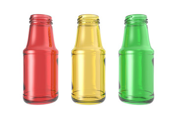 Three bottle: red, yellow, green on white background