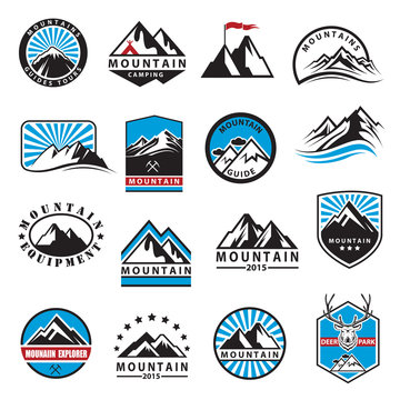set of sixteen mountain icons 