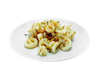Fried squid with garlic and rosemary mixture.