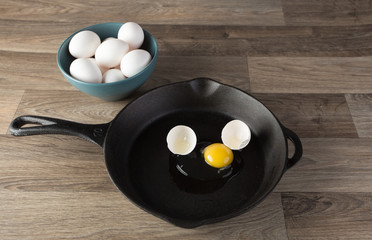 Eggs in frying pan.
