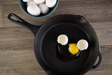 Eggs in frying pan.