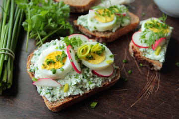 Sandwiches with cottage cheese with herbs, egg and fresh radish