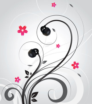 Earphones on abstract curly background