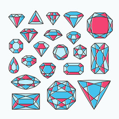 Set of isolated gem stones, color line emblems with diamonds.