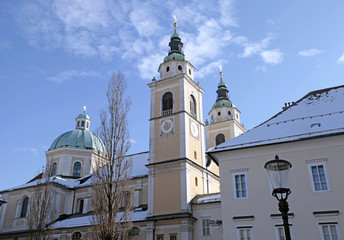 Fototapeta na wymiar Church and Old City in Ljubljana, Slovenia
