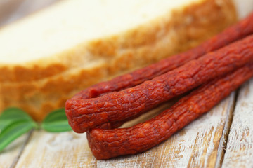 Traditional smoked pork sausages, closeup
