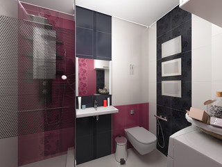 3D illustration of interior design of a pink bathroom