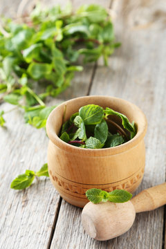 Fresh mint in wooden mortar on grey wooden background