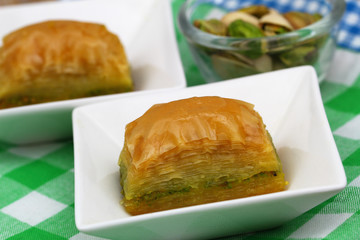 Pistachio baklava, closeup
