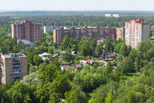 PUSHKINO, RUSSIA. City landscape in the sunny summer day.