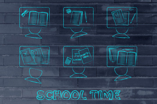 school time, illustration of a classroom with tables, chairs, bo