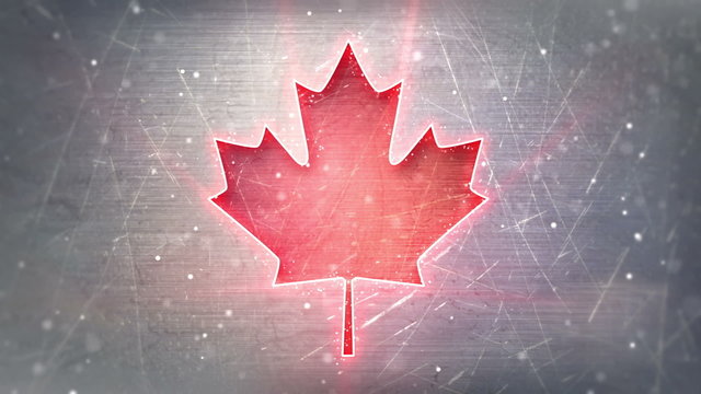 glowing neon maple leaf shape on metal loop background
