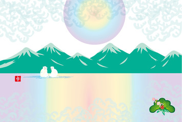 Fototapeta na wymiar 山脈に白い猿の綺麗な年賀状用デザイン