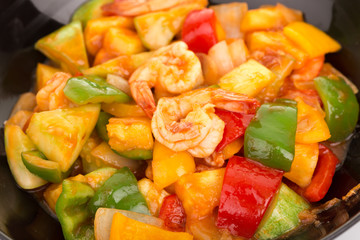 Sauted mixed vegetables and shrimp with tomato sauce