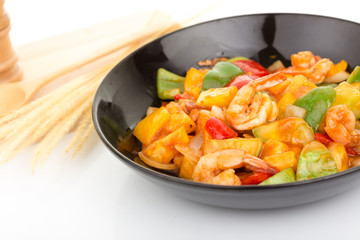 Sauted mixed vegetables and shrimp with tomato sauce