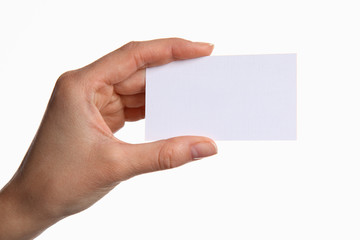 Obraz premium Female hand holding a blank business card