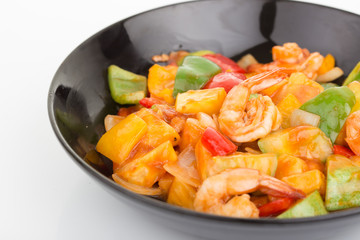 Sauted mixed vegetables and shrimp with tomato sauce
