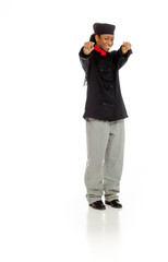 Model pointing to camera