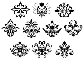 Black damask flower blossoms and patterns