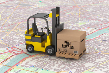 Cargo delivery Concept. Forklift with Free Shipping Box