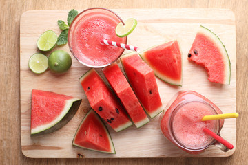 Healthy watermelon lime smoothie and fresh watermelon