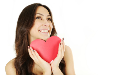 Beautiful woman with valentines day heart on white background