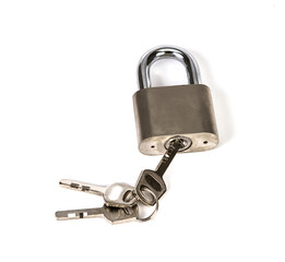 Mealic padlock with the key on white background