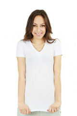 Fototapeta premium Young beautiful brunette woman in white shirt 