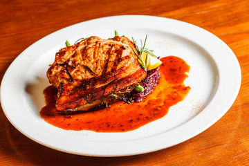 meat steak with red cabbage