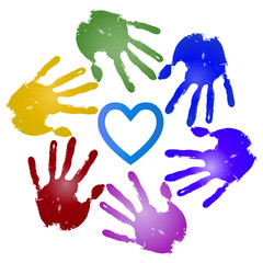 Conceptual children painted hand print and heart isolated