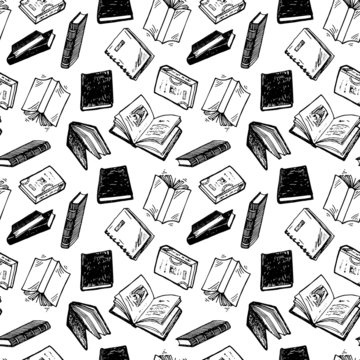 Seamless pattern with hand drawn books.