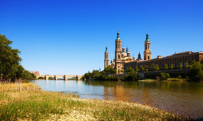  stone bridge and Cathedral from Ebro river
