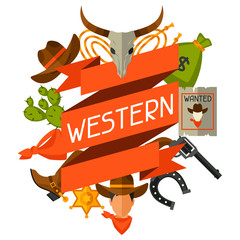 Wild west background with cowboy objects and design elements