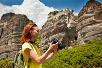 Meteora Monasteries.Beautiful tourist in the background
