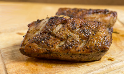 Fried duck breast on board