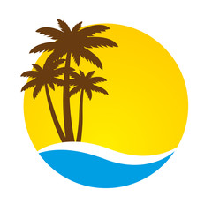 Sunset and palm trees on island, vector