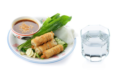Vietnamese food and drinking water on white background