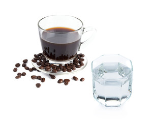  A Cup of coffee and drinking water on white background