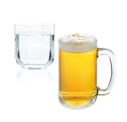 Glass of beer and drinking water on a white background
