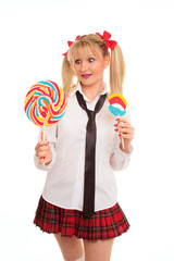 young woman characterized school girl with lollipop