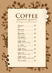 menu list for hot drinks with splashes of coffee