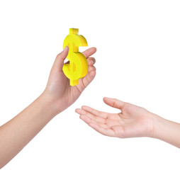 Gold dollar sign on hand Isolated on white background