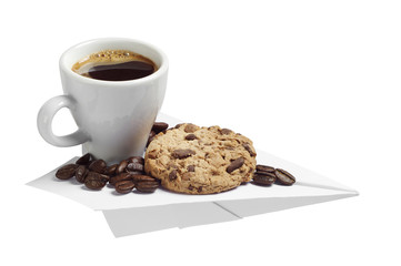 Coffee and cookie on a paper airplane