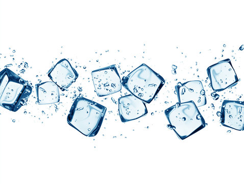 Ice cubes in water splashes isolated on white