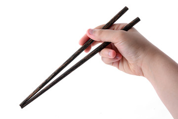 hand holding chopsticks, isolated on white background